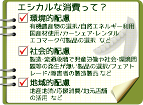 エシカルな消費とは…有機農産物の選択や自然エネルギーの利用などに代表される環境的配慮、児童労働や社会・環境問題の発生しない製品の選択、フェアトレードなどに代表される社会的配慮、地産地消や応援消費、地元店舗の活用などという地域的配慮がされた商品を自分で選んで消費する、ということです